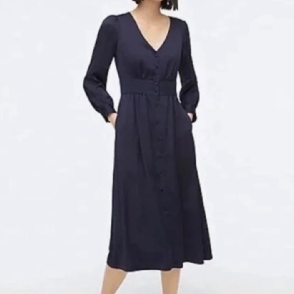 J. Crew | Midi Navy Blue Satin Button Down Dress | 6T Tall